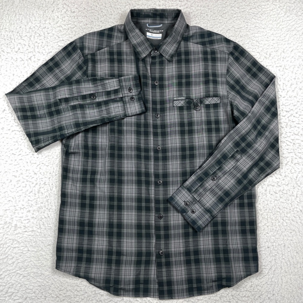 Columbia Button Down Mens M Green Gray Plaid Omni Shade Hiking Outdoor Gorpcore
